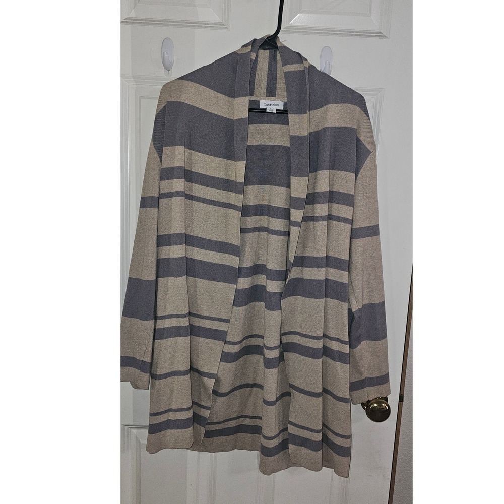 Calvin Klein Women Large Grey Tan Striped Open Front Cardigan Sweater Shawl Neck